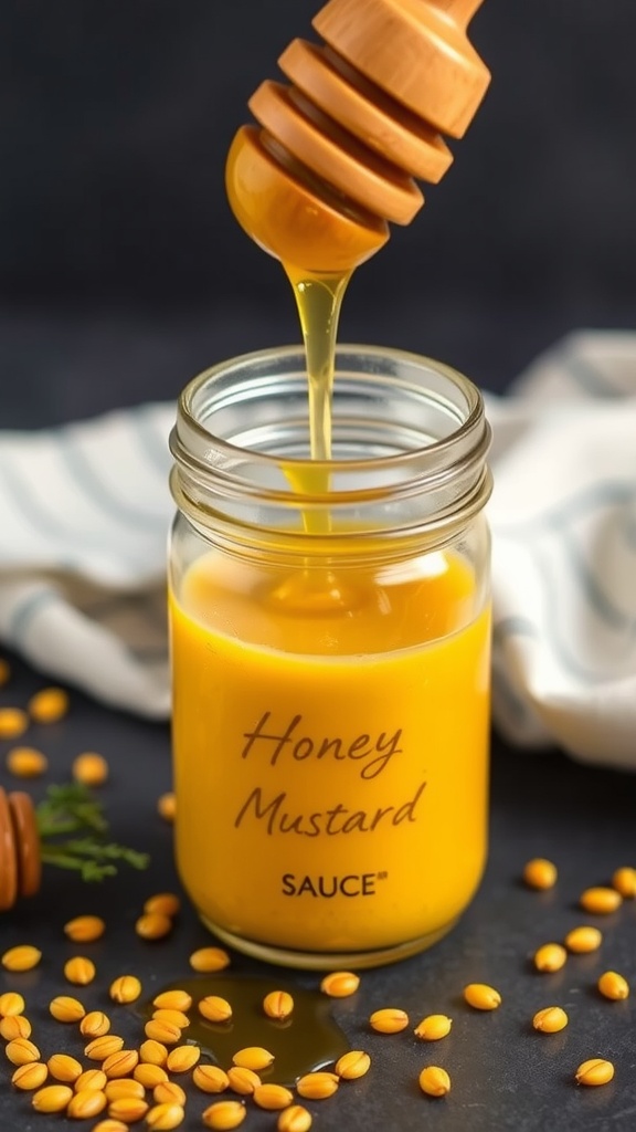 Honey mustard sauce in a jar with honey dripping from a dipper.