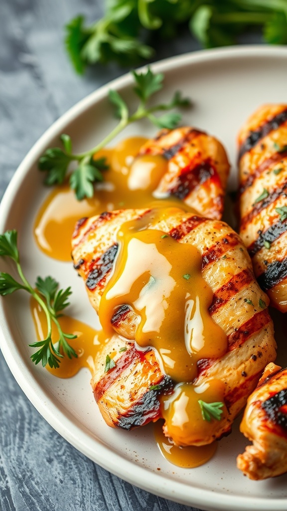 A plate of grilled chicken drizzled with honey mustard glaze, garnished with parsley.