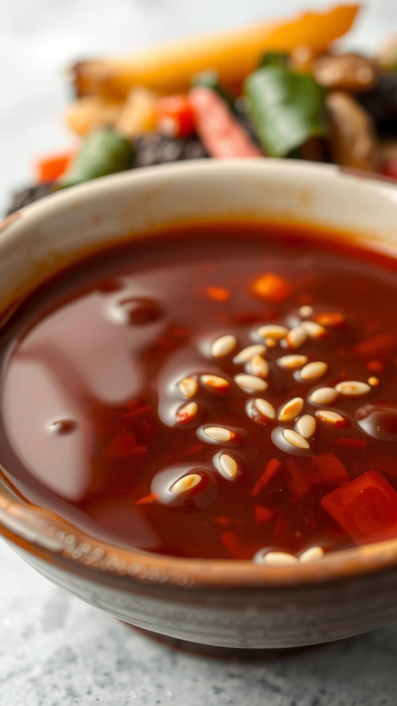 A bowl of sweet and tangy teriyaki sauce garnished with sesame seeds.