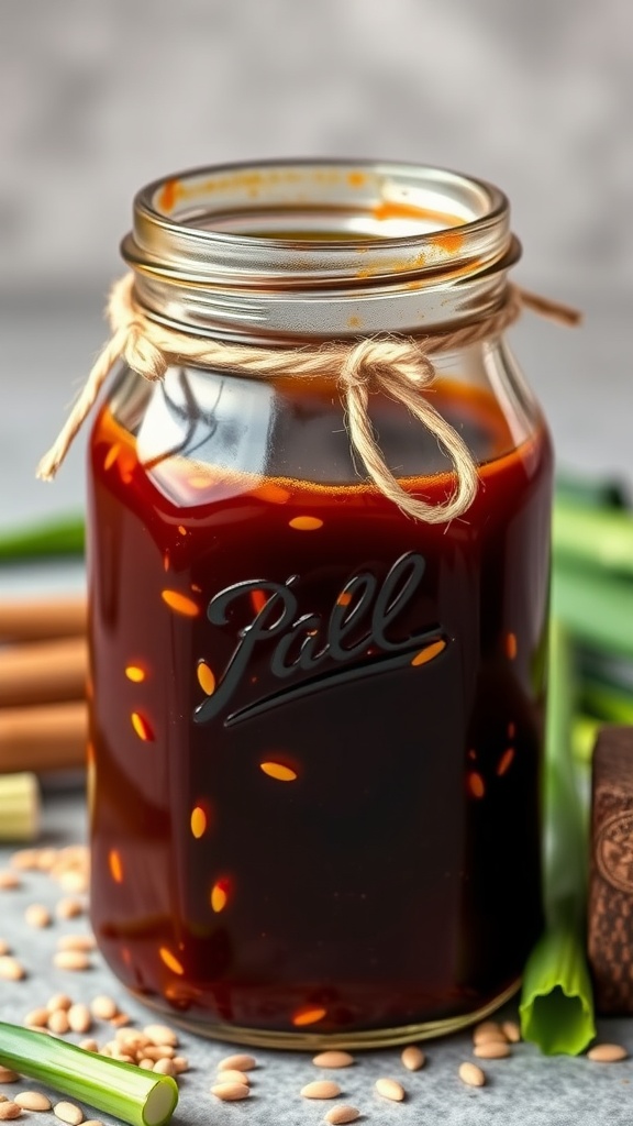 Jar of homemade sweet and tangy teriyaki sauce with sesame seeds