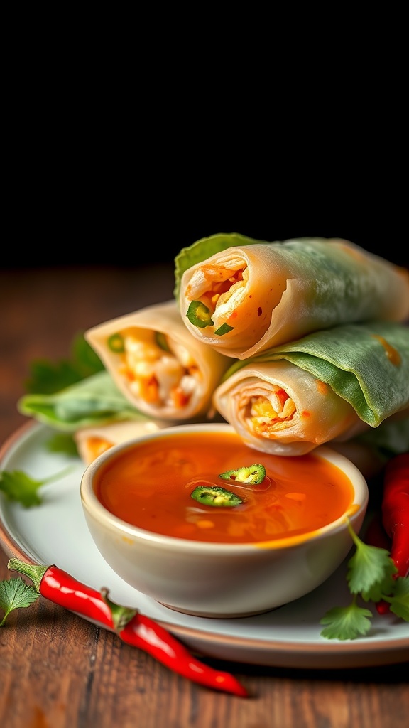 A small bowl of sweet chili dipping sauce surrounded by fresh ingredients