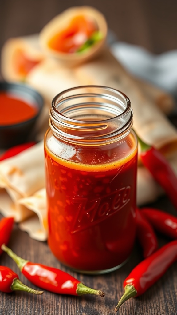 A jar of homemade sweet chili sauce with red chilies