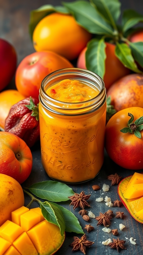 A jar of sweet mango chutney surrounded by fresh mangoes and spices.