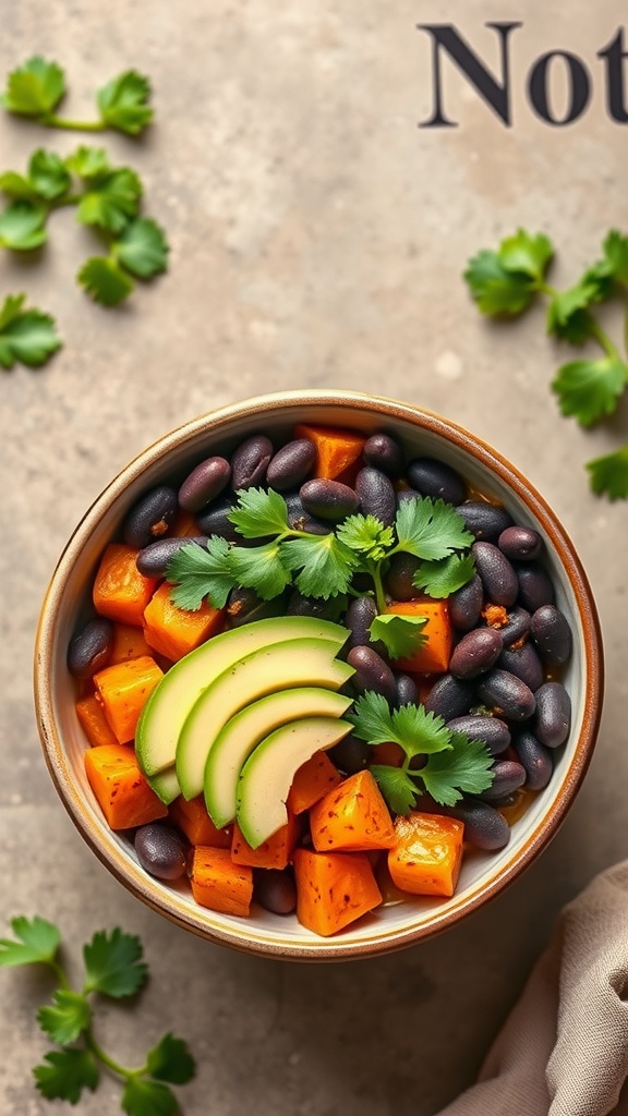 A healthy Sweet Potato and Black Bean Bowl with avocado and cilantro.