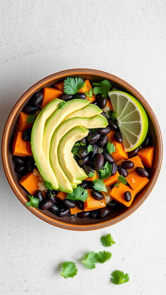 A colorful Sweet Potato and Black Bean Bowl with avocado, lime, and cilantro.