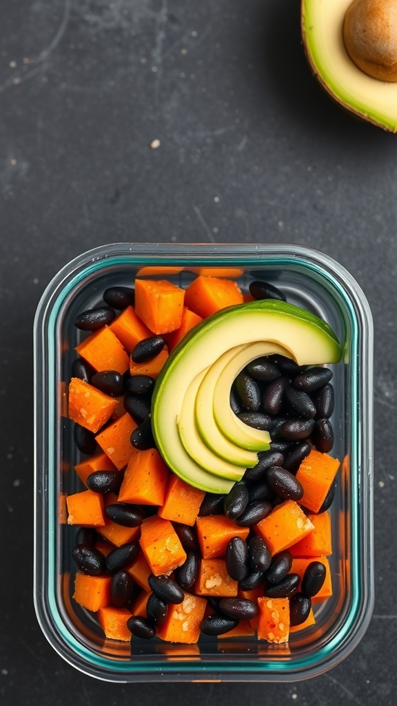 A meal prep container filled with diced sweet potatoes, black beans, and sliced avocado.