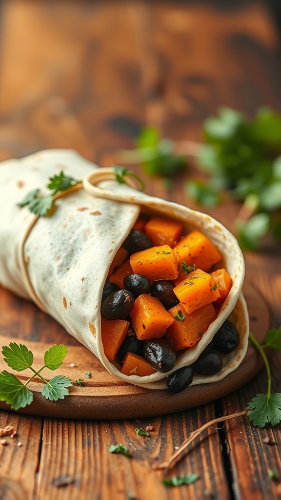 A delicious sweet potato and black bean burrito wrapped in a tortilla, garnished with fresh cilantro.