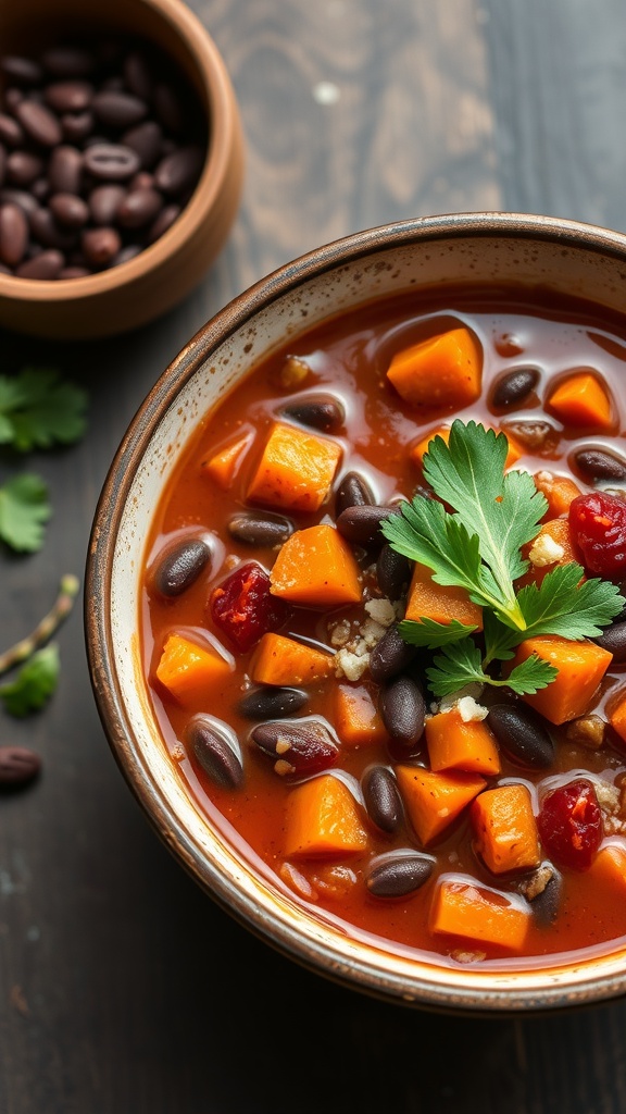 A bowl of sweet potato and black bean chili garnished with cilantro, with a side of black beans in a bowl.