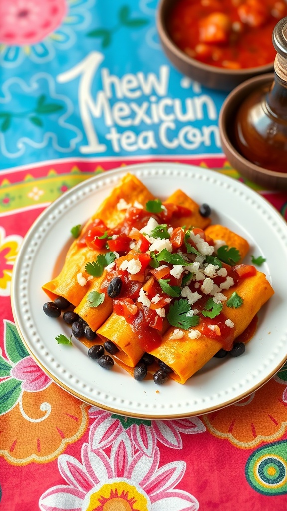 A plate of sweet potato and black bean enchiladas topped with sauce and cilantro