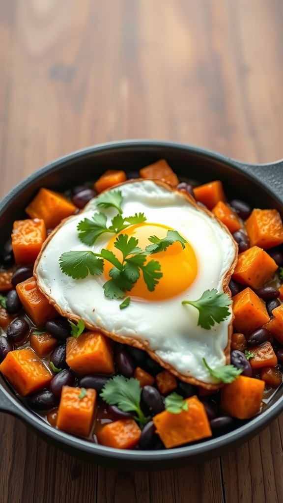 A delicious sweet potato and black bean hash topped with a fried egg and cilantro.