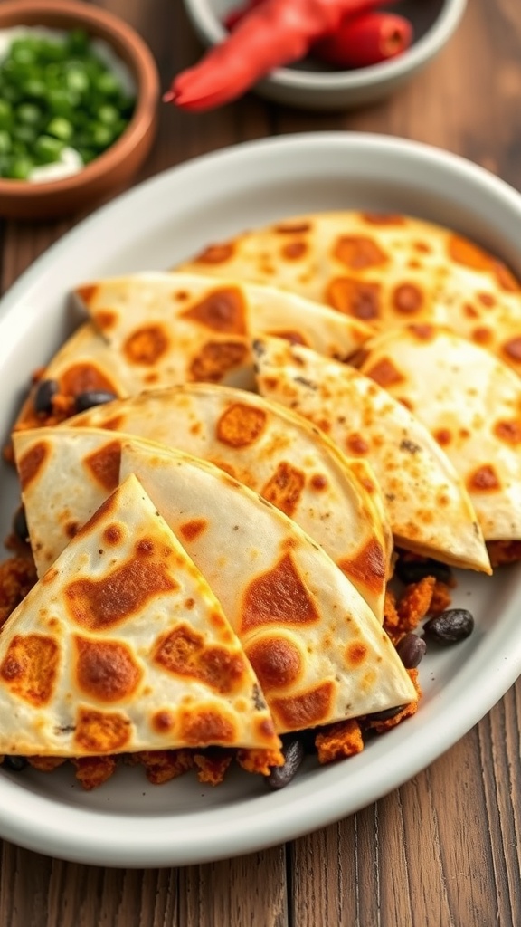 Delicious sweet potato and black bean quesadillas on a colorful plate