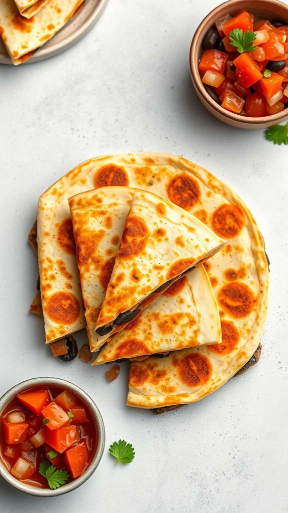 Golden-brown sweet potato and black bean quesadillas served with salsa