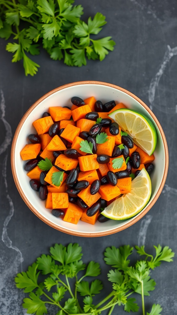 A colorful Sweet Potato and Black Bean Salad with lime wedges and cilantro.