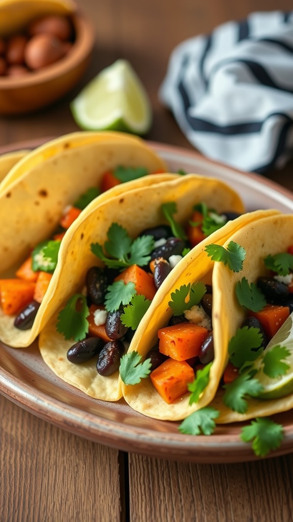 Three sweet potato and black bean tacos topped with cilantro on a wooden table.