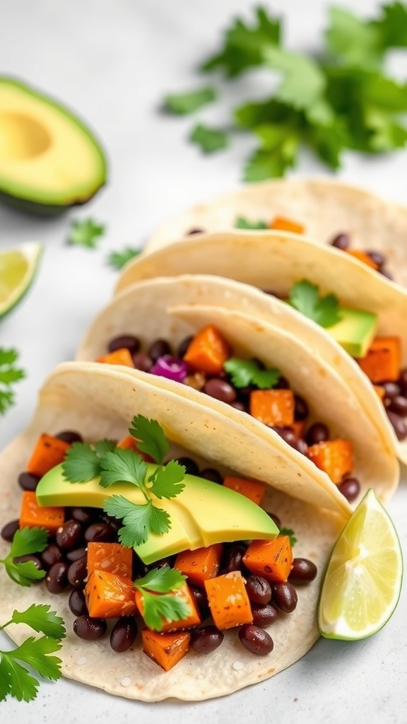 Sweet potato and black bean tacos with avocado and lime