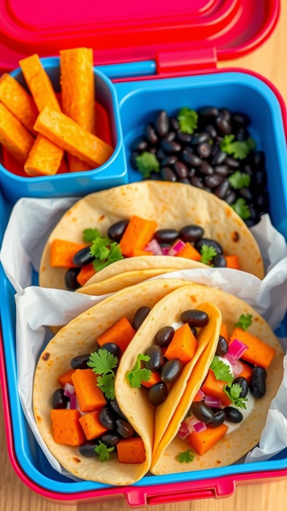 A colorful lunchbox filled with sweet potato and black bean tacos, garnished with cilantro.