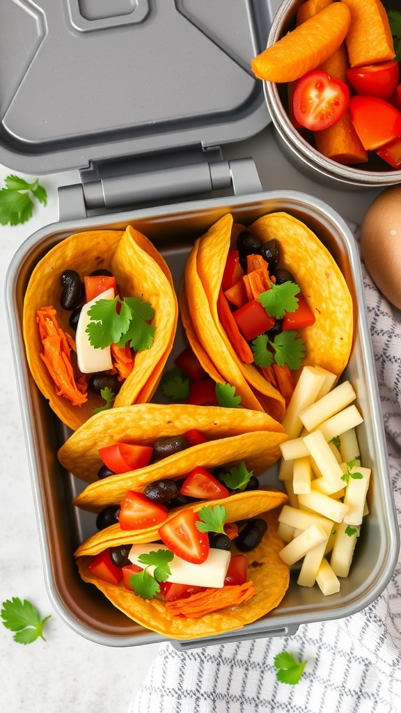 Sweet potato and black bean tacos in a lunchbox with fresh toppings.