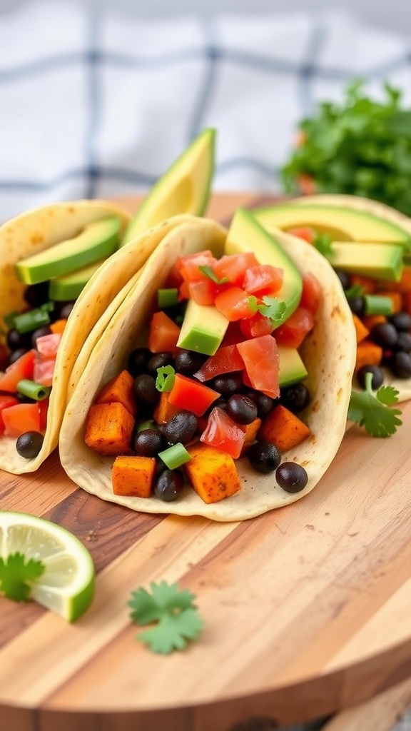 Tacos filled with sweet potatoes, black beans, and fresh toppings.
