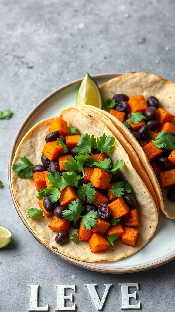 Delicious sweet potato and black bean tacos topped with fresh cilantro.