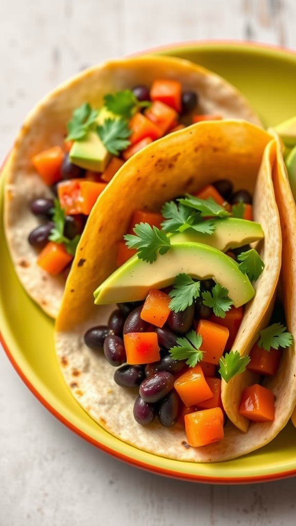 Sweet potato and black bean tacos with avocado and cilantro