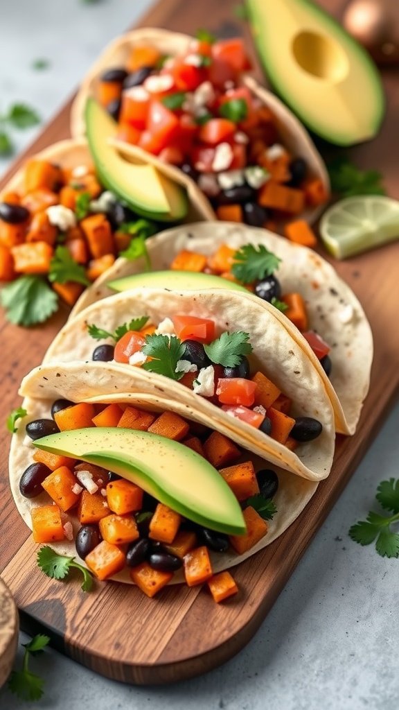 Delicious sweet potato and black bean tacos topped with avocado and tomatoes.