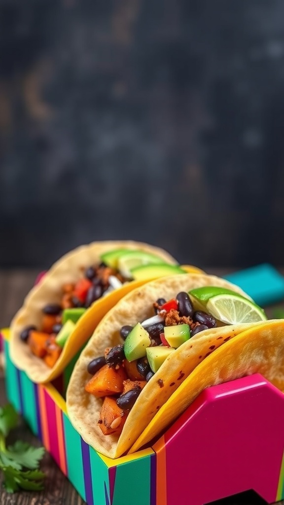 Sweet potato and black bean tacos with fresh toppings