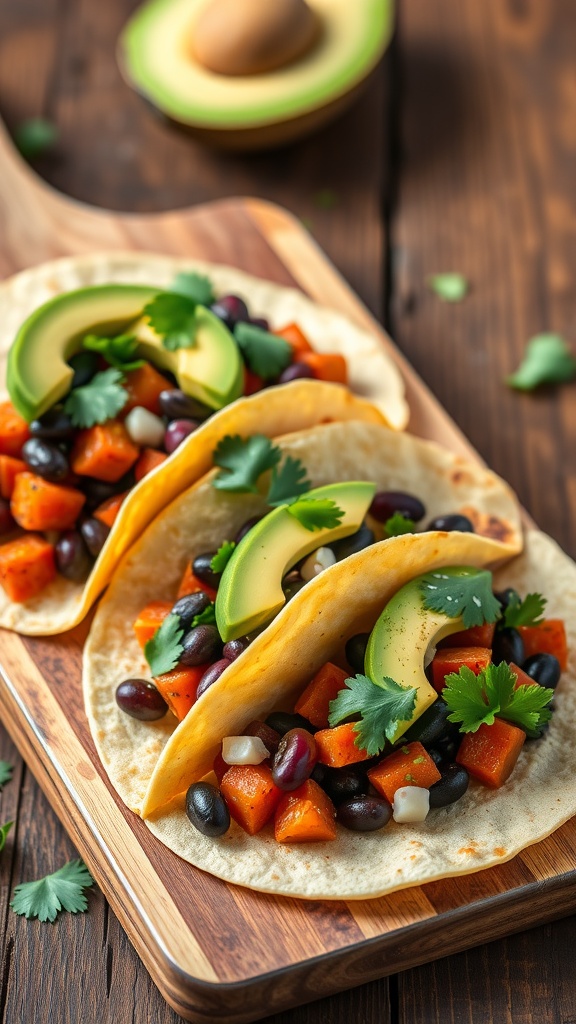 Sweet potato and black bean tacos with avocado and cilantro