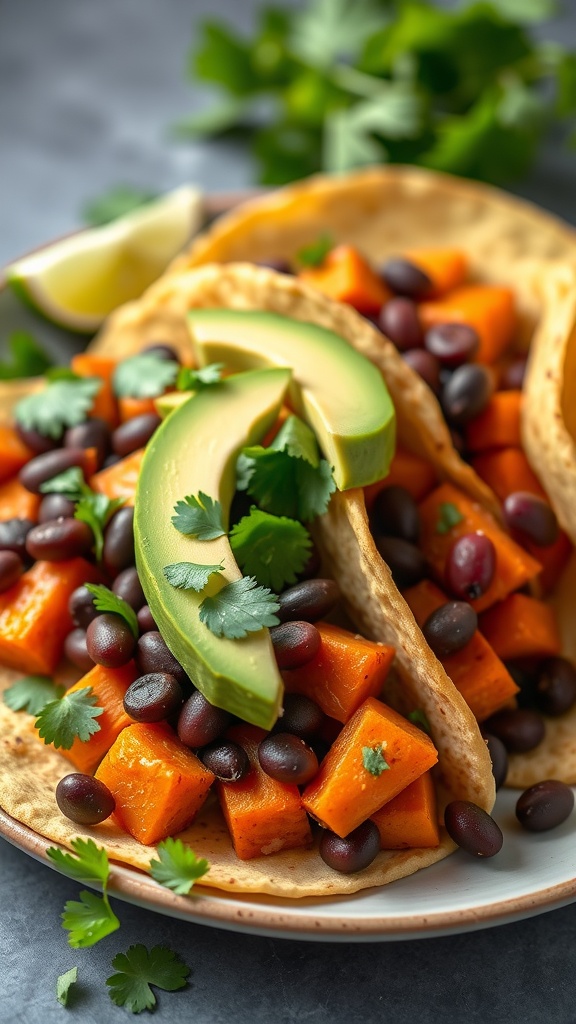 Sweet Potato and Black Bean Tacos with toppings