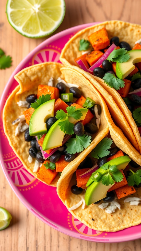 A vibrant plate of sweet potato and black bean tacos topped with fresh avocado and cilantro.