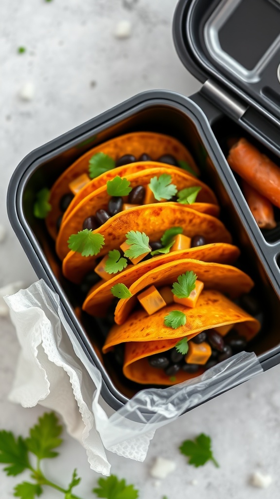 Colorful sweet potato and black bean tacos in a lunchbox
