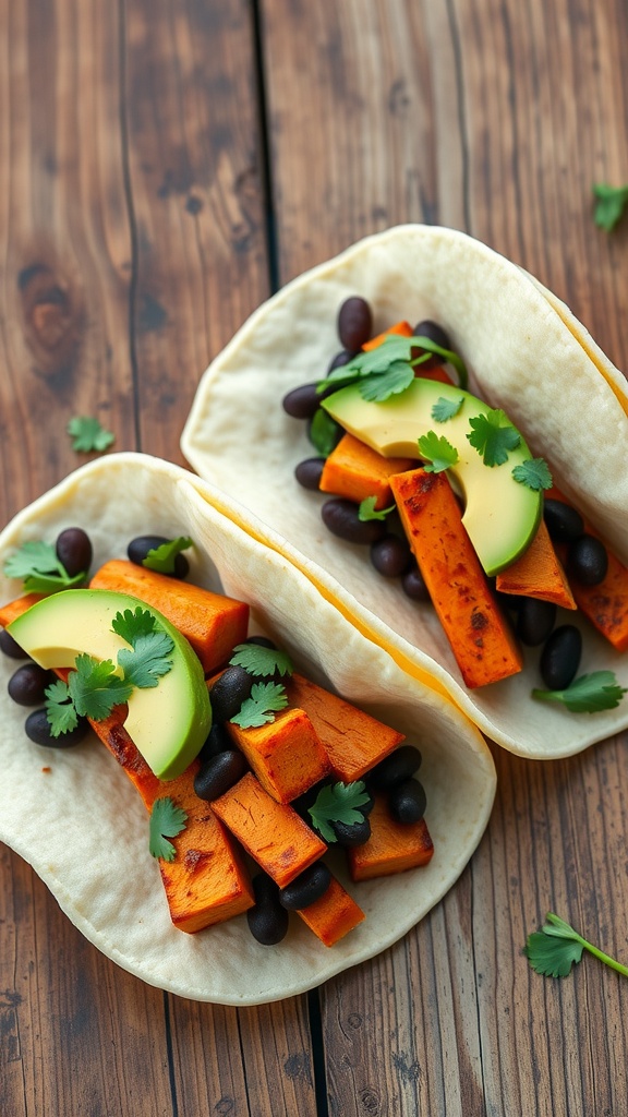 Sweet potato and black bean tacos with avocado and cilantro