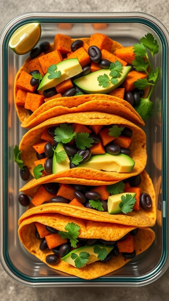 Sweet potato and black bean tacos in a glass container, topped with avocado and cilantro.