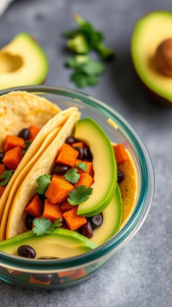 Sweet potato and black bean tacos in a glass container with avocado slices and cilantro.