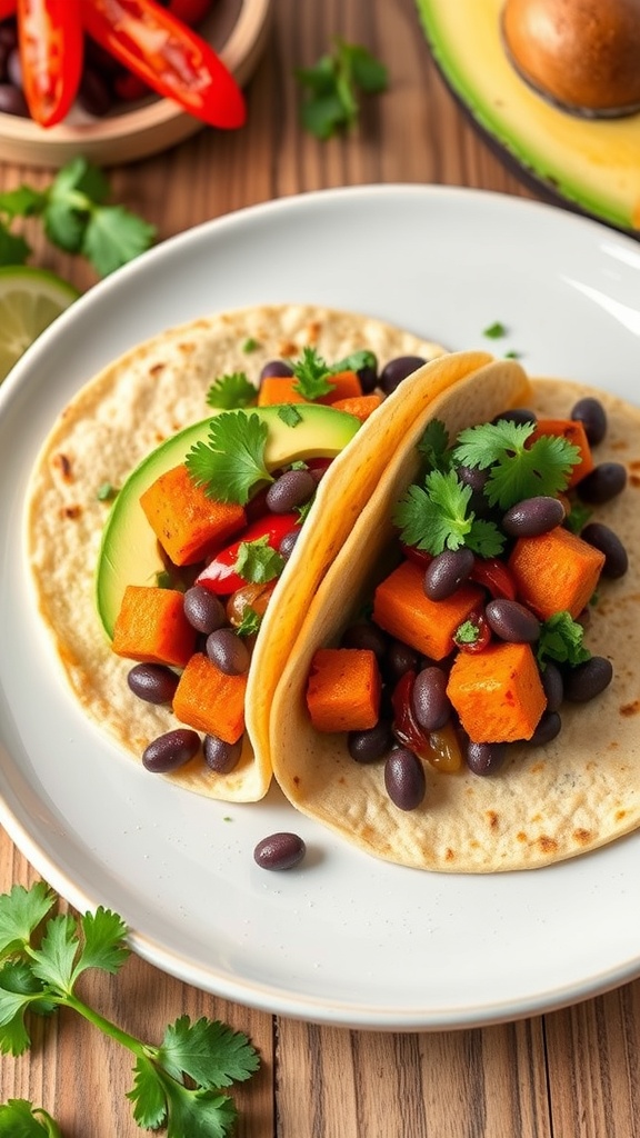Sweet potato and black bean tacos with fresh cilantro and avocado on a plate