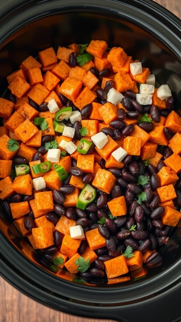 A slow cooker filled with diced sweet potatoes, black beans, and chopped vegetables.