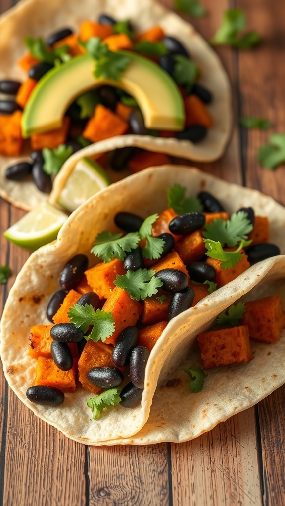 Sweet potato and black bean tacos with avocado and cilantro on a wooden table.