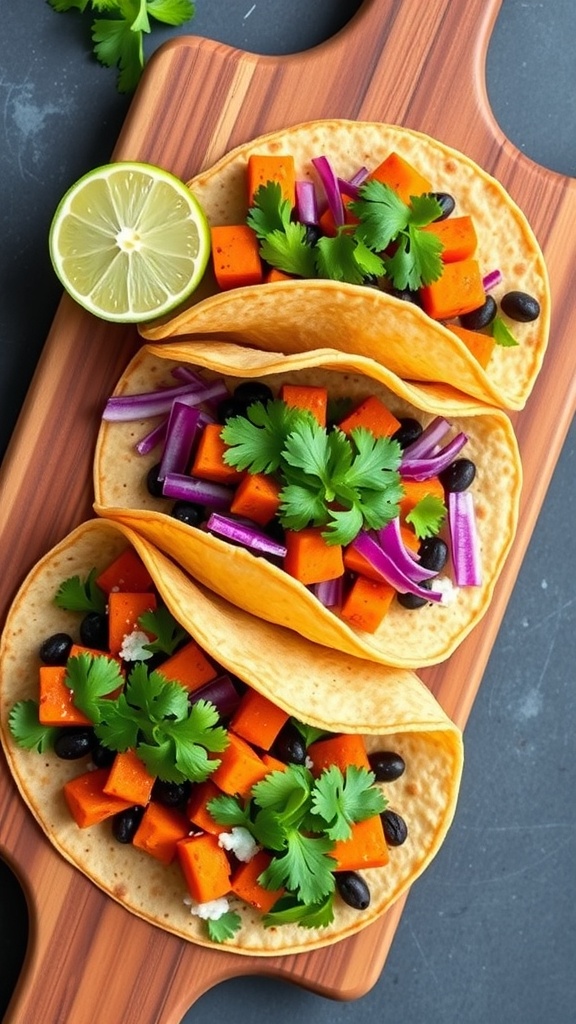 Three sweet potato and black bean tacos on a wooden cutting board with lime and cilantro