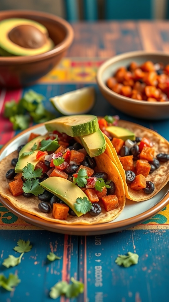 Sweet potato and black bean tacos with avocado and cilantro on a colorful table