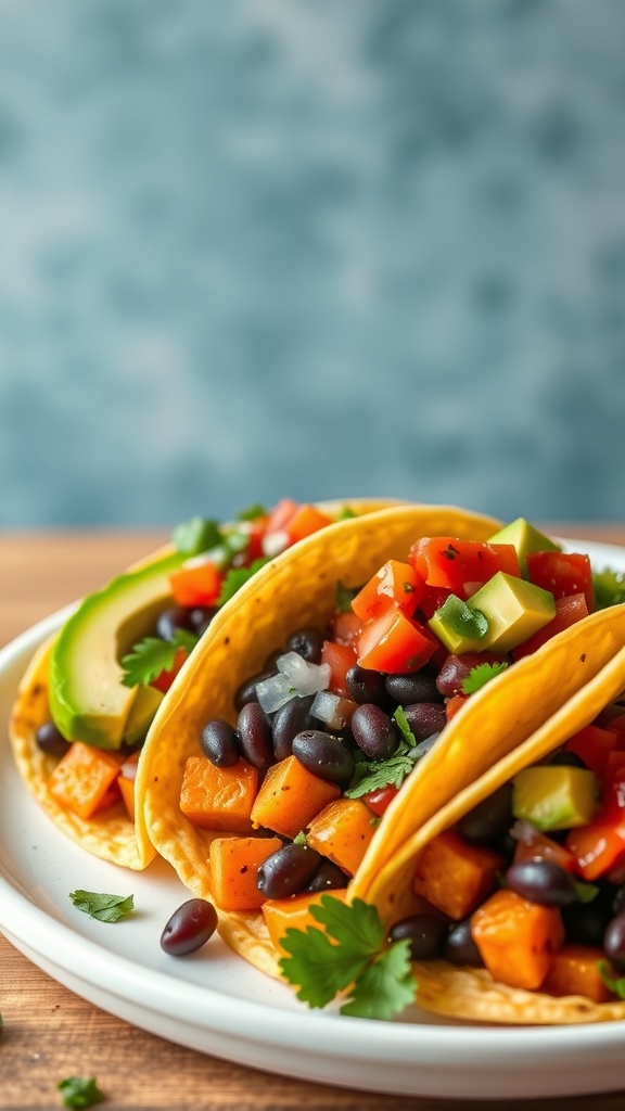 Sweet potato and black bean tacos with fresh toppings
