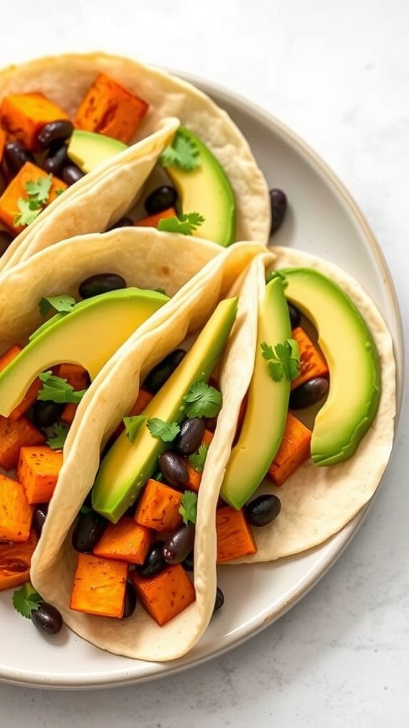 Sweet potato and black bean tacos with avocado slices and cilantro on a plate.