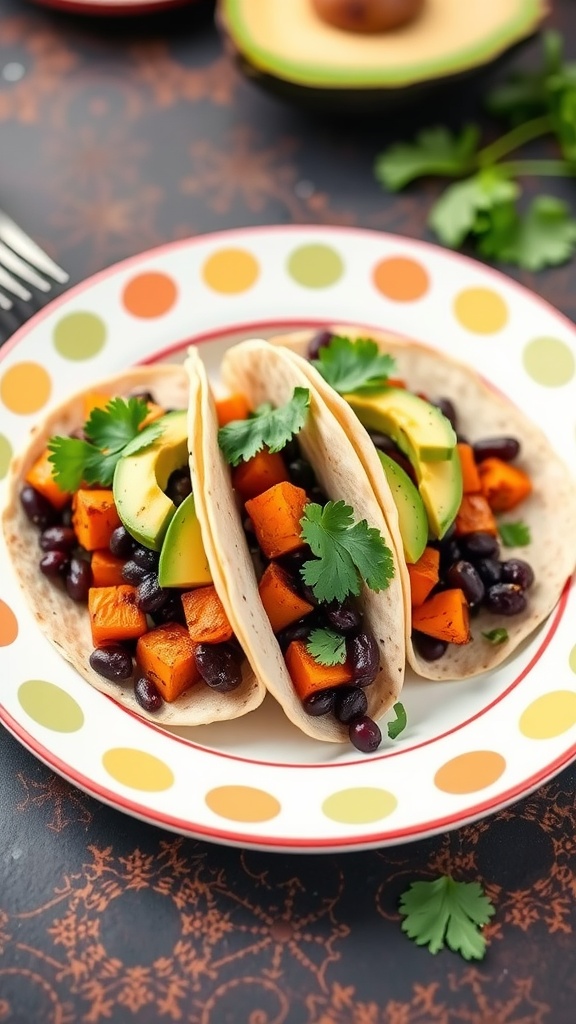 Sweet potato and black bean tacos served on a colorful plate.