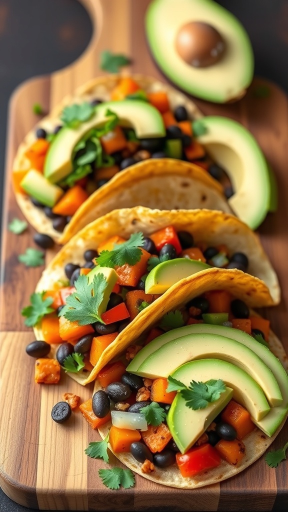 Sweet potato and black bean tacos with avocado and cilantro on a wooden board.