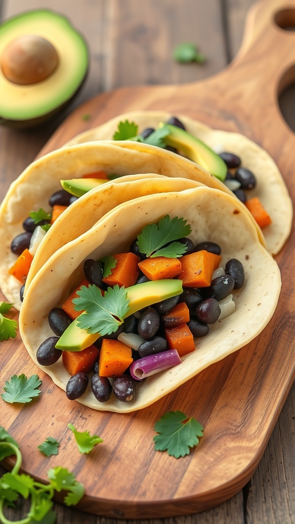 Sweet potato and black bean tacos on a wooden board with avocado and cilantro