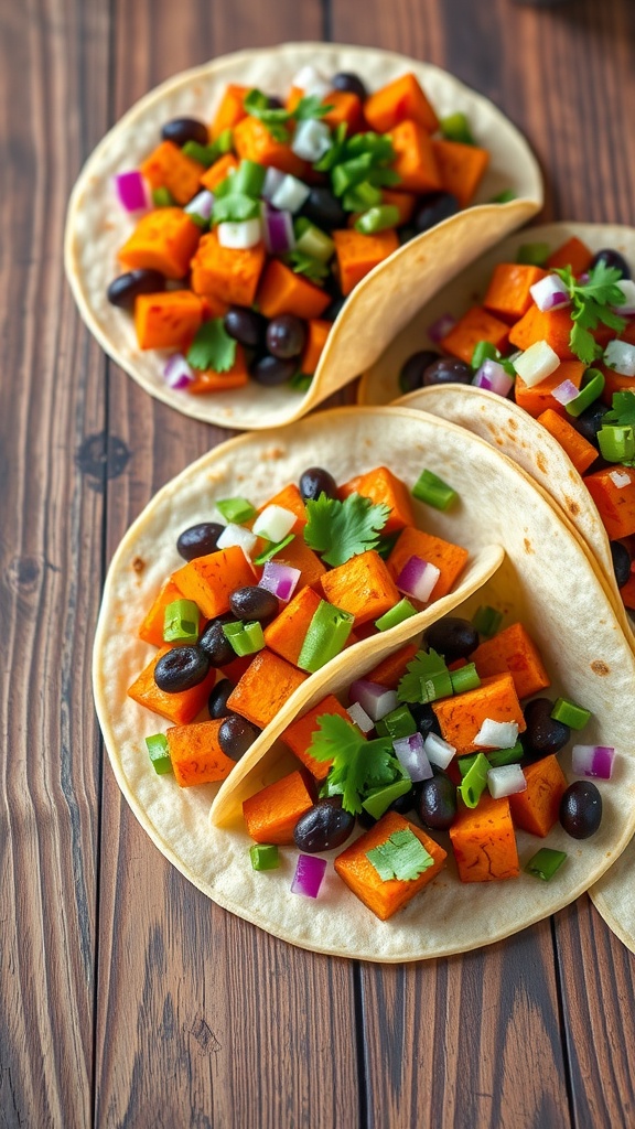 Sweet potato and black bean tacos with colorful toppings