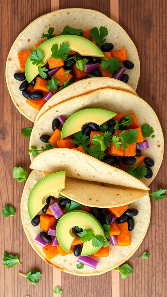 Sweet Potato and Black Bean Tacos with avocado and cilantro