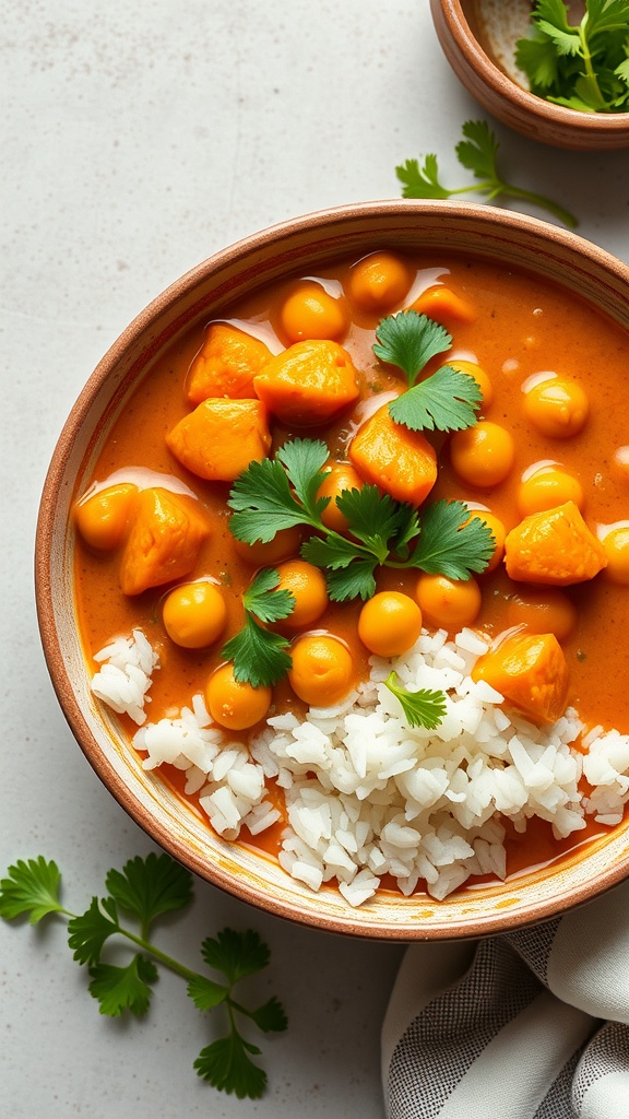 A bowl of sweet potato and chickpea curry served with rice and garnished with cilantro.
