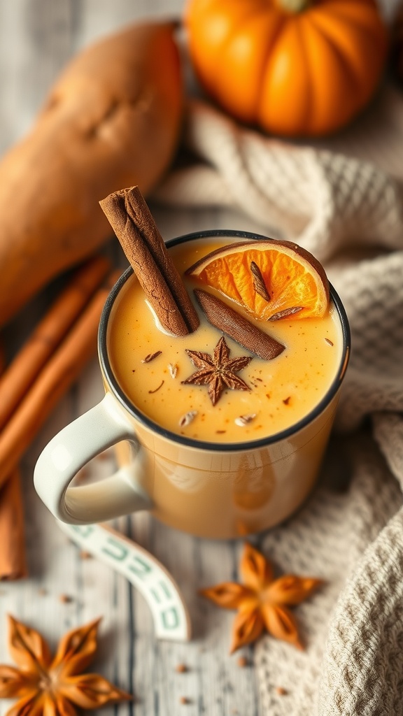 A delicious Sweet Potato and Cinnamon Energy Smoothie garnished with cinnamon sticks and orange slice.