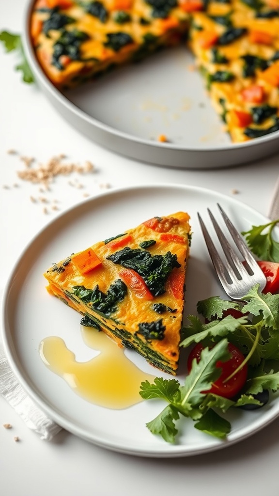 A slice of sweet potato and kale frittata on a plate with salad.