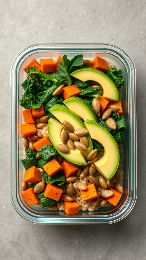 A colorful grain bowl with sweet potatoes, kale, avocado, and pumpkin seeds in a glass container.