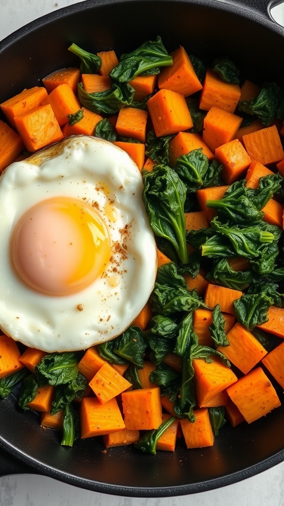 A skillet with sweet potato and kale hash topped with a fried egg.